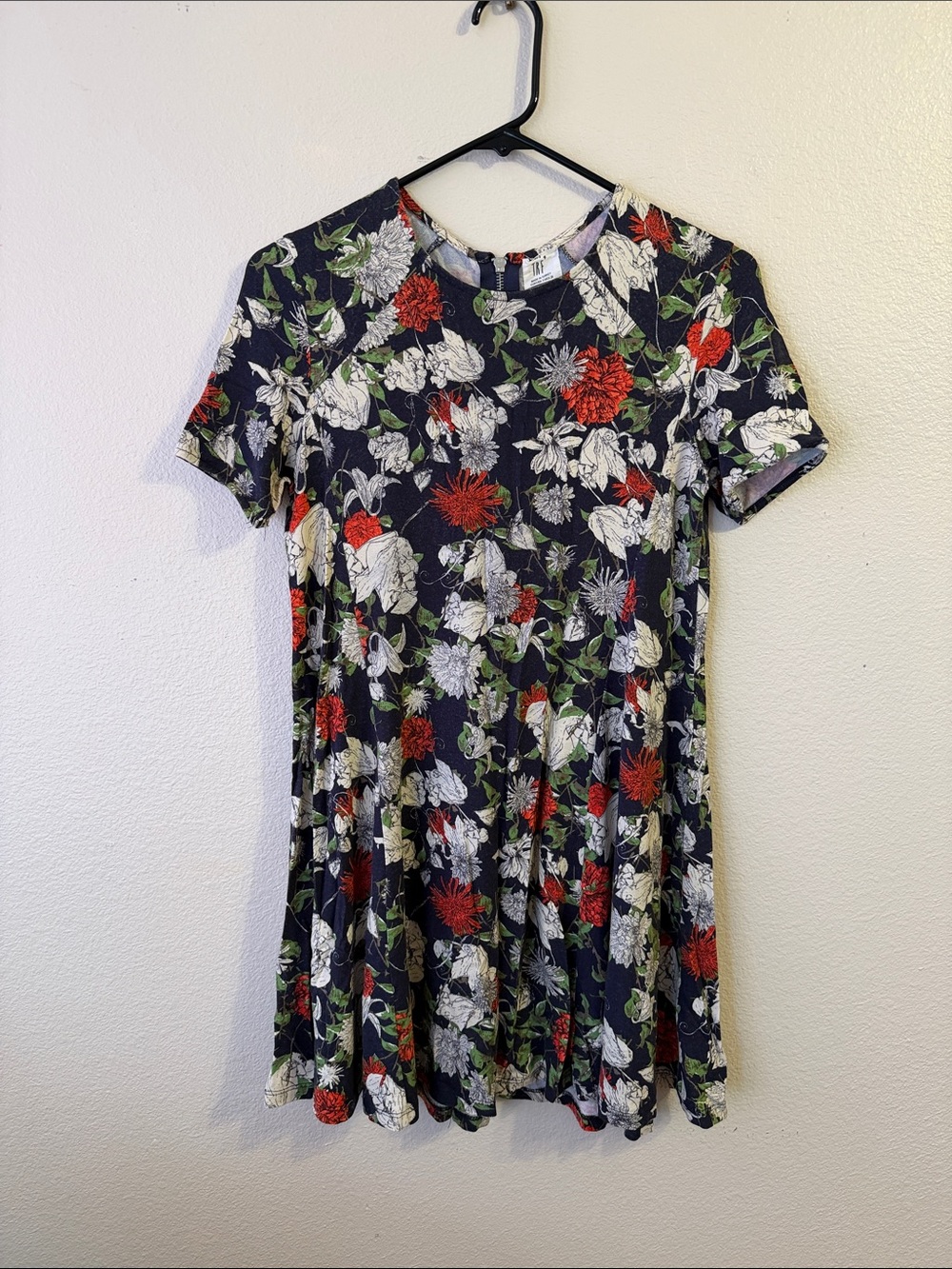Zara Navy Floral Short-Sleeve Swing Dress with Red & White Blooms